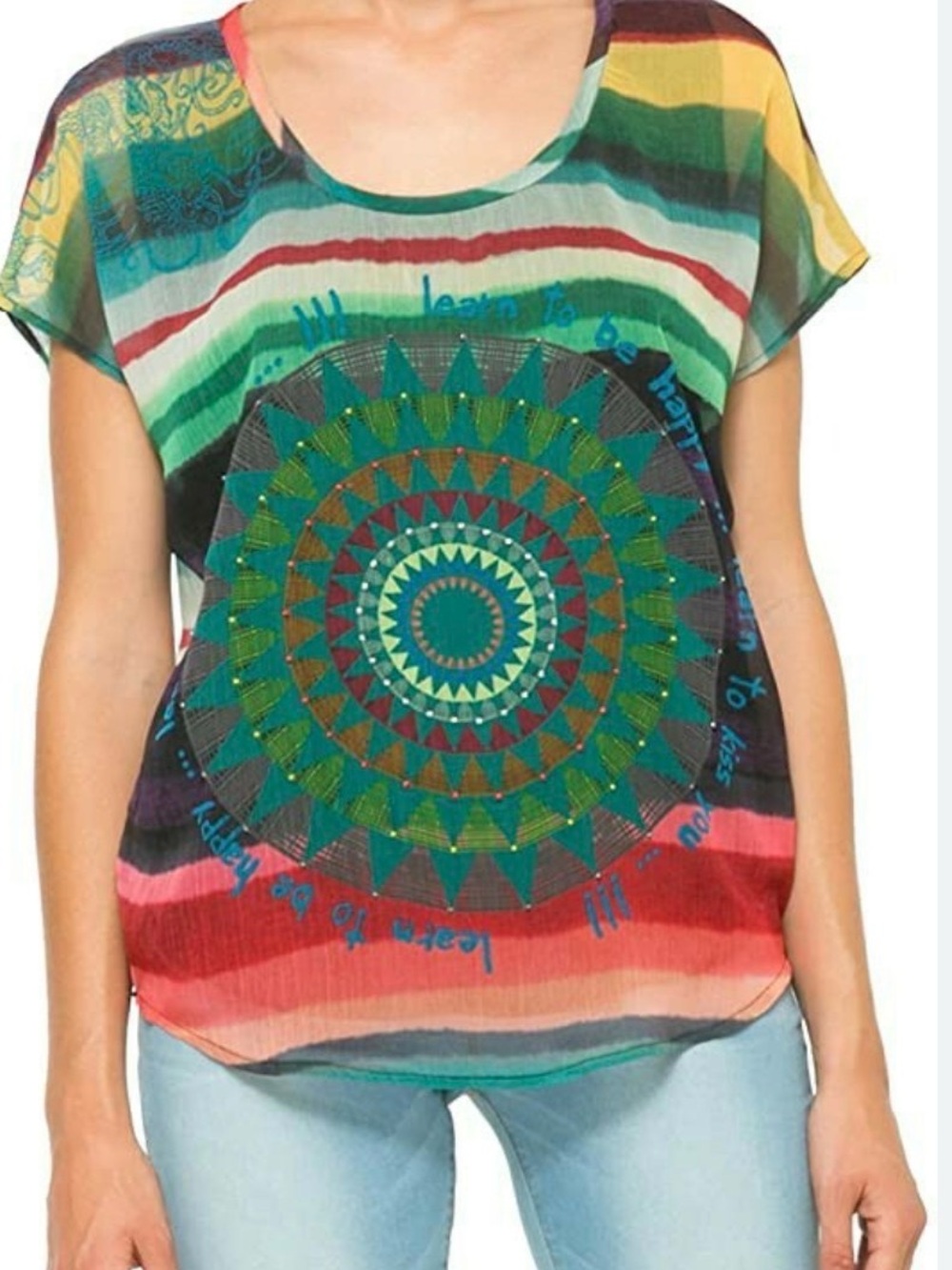 Desigual Womens Multicolor Striped semi sheer Bohemian Lined Blouse Top Size XS